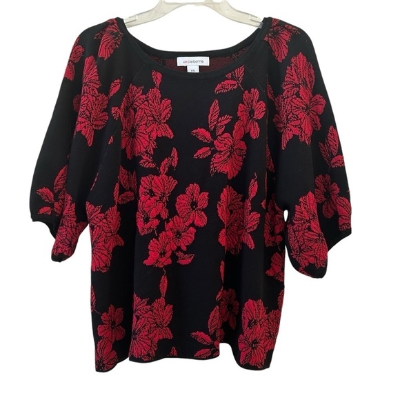 Liz Claiborne Women's Red Black Floral Holiday Winter Fall Sweater Blouse 2XL - Picture 1 of 9